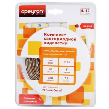 Светодиодная влагозащищенная лента Apeyron 7,2W/m 30LED/m 5050SMD теплый белый 5M 10-02