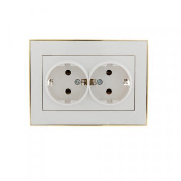 Розетка 2-ая с зазем. Lezard Rain белая с бок. вст. золото 703-0226-127