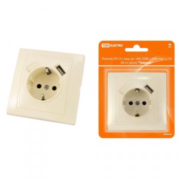 Розетка 2P+PE/USB TDM Electric Таймыр со шторками слоновая кость SQ1814-0140