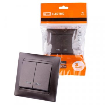 Выключатель двухклавишный TDM Electric Лама 10А 250V с подсветкой шоколад SQ1815-0505