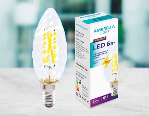 Лампа светодиодная филаментная Ambrella light E14 6W 6400K прозрачная 202126