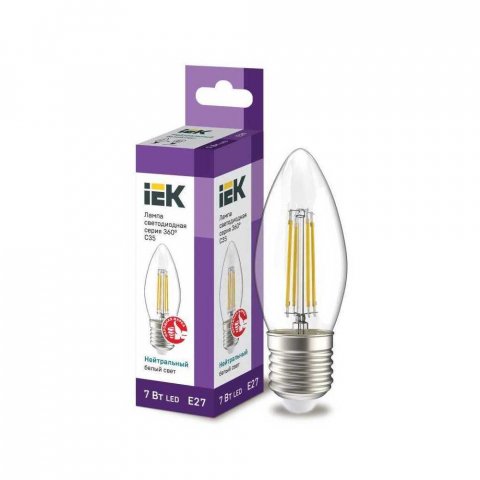 Лампа светодиодная филаментная IEK E27 7W 4000K прозрачная LLF-C35-7-230-40-E27-CL