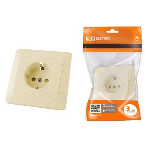 Розетка 2P+PE TDM Electric Ильмень со шторками слоновая кость SQ1823-0114