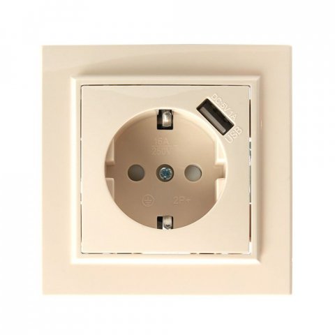Розетка 2P+PE/USB Stekker Эрна со шторками слоновая кость PST16-9011-02 39237