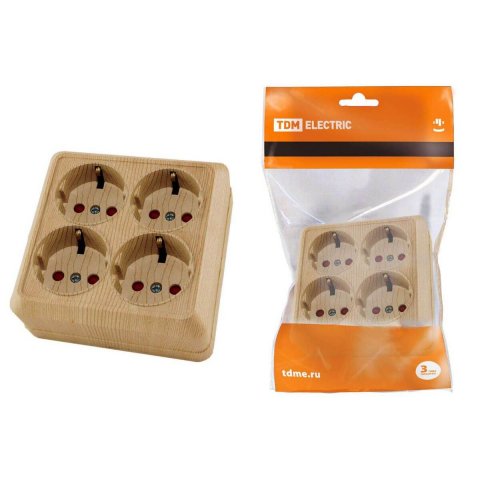 Розетка четырехместная 2P+PE TDM Electric Ладога со шторками сосна SQ1801-0423