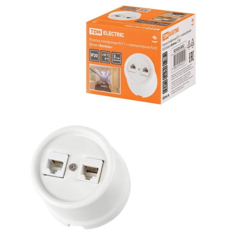 Розетка компьютерная RJ45/телефонная RJ11 TDM Electric "Болонь" белая SQ1820-0052