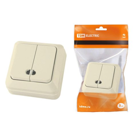 Выключатель двухклавишный TDM Electric Ладога 10А 250V с подсветкой слоновая кость SQ1801-0008