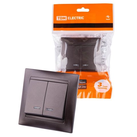 Выключатель двухклавишный TDM Electric Лама 10А 250V с подсветкой шоколад SQ1815-0505