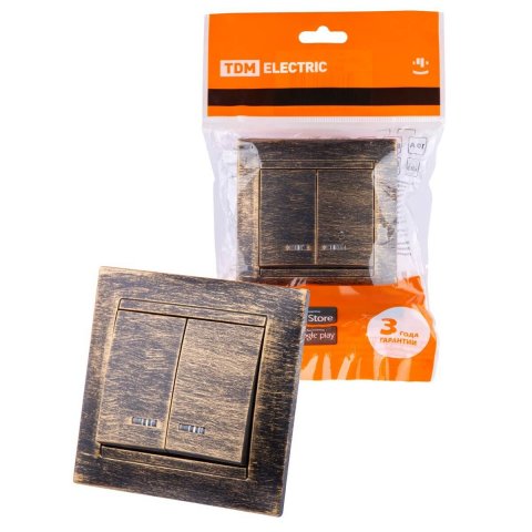 Выключатель двухклавишный TDM Electric Лама 10А 250V с подсветкой старинная бронза SQ1815-0747