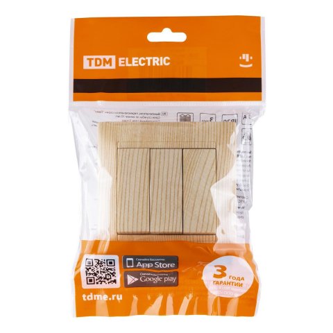 Выключатель трехклавишный TDM Electric Лама 10А 250V сосна SQ1815-0303